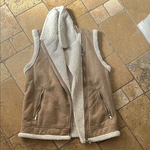 Tan Sherpa-Lined Vest with Hood